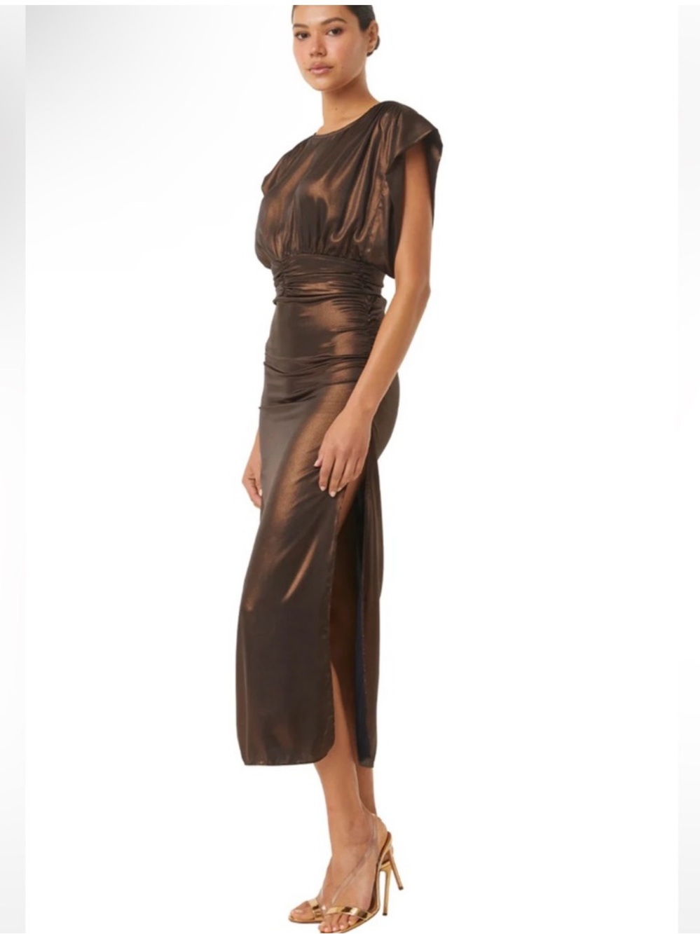 MISA Bronze Metallic Midi Dress Sz XS